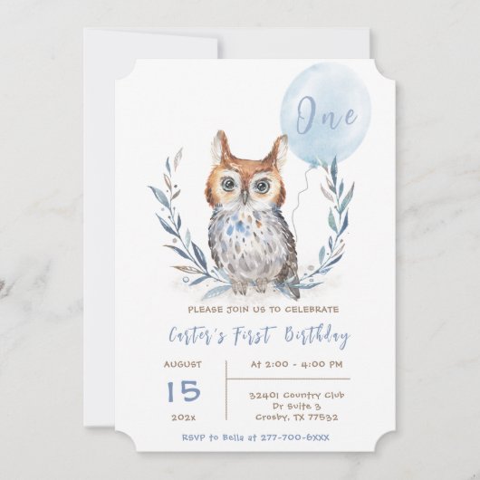 Blue Owl Boy Verjaardag Sjabloon Kaart (Voorkant)