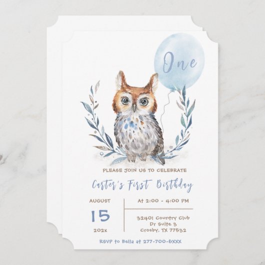 Blue Owl Boy Verjaardag Sjabloon Kaart (Voorkant / Achterkant)