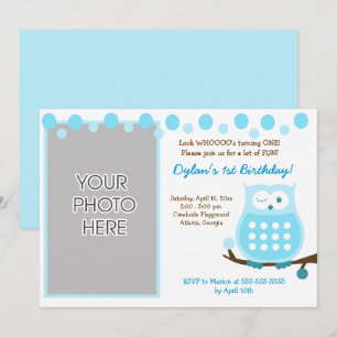 Blue Owl Boy Woodland Foto Birthday Invites Kaart