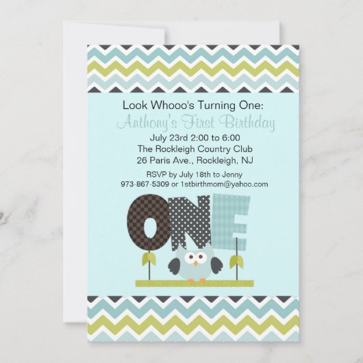 Blue Owl die One Birthday Invitation draait Kaart (Voorkant)