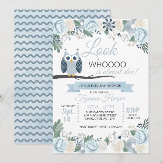 Blue Owl Floral Baby shower Invitation Kaart (Voorkant / Achterkant)