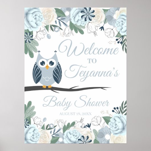 Blue Owl Floral Baby shower Welcome Sign Poster (Voorkant)
