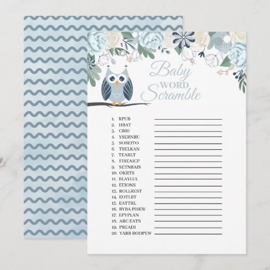 Blue Owl Floral Baby Word Scramble Game Kaart (Voorkant / Achterkant)