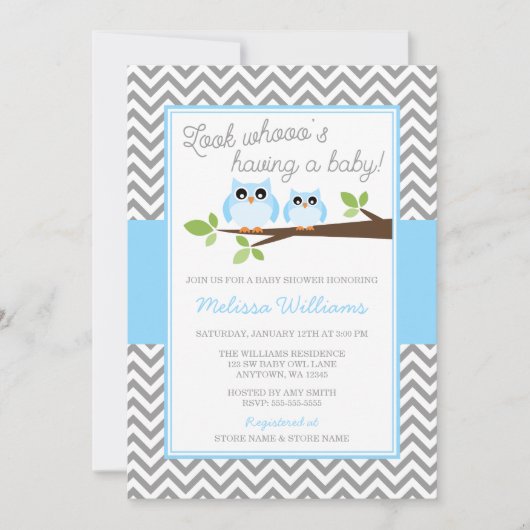 Blue Owl Gray Chevron Boy Baby shower Kaart (Voorkant)