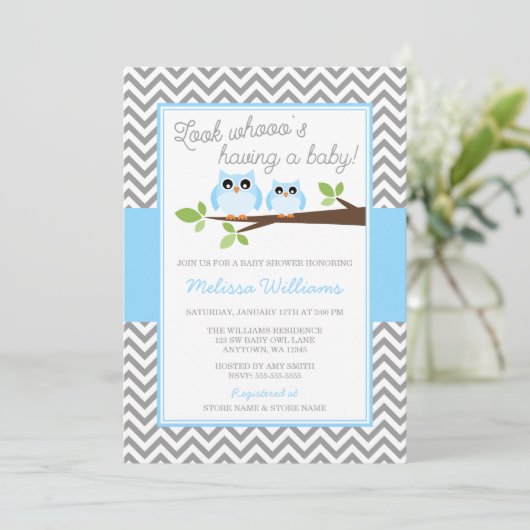 Blue Owl Gray Chevron Boy Baby shower Kaart (Staand voorkant)