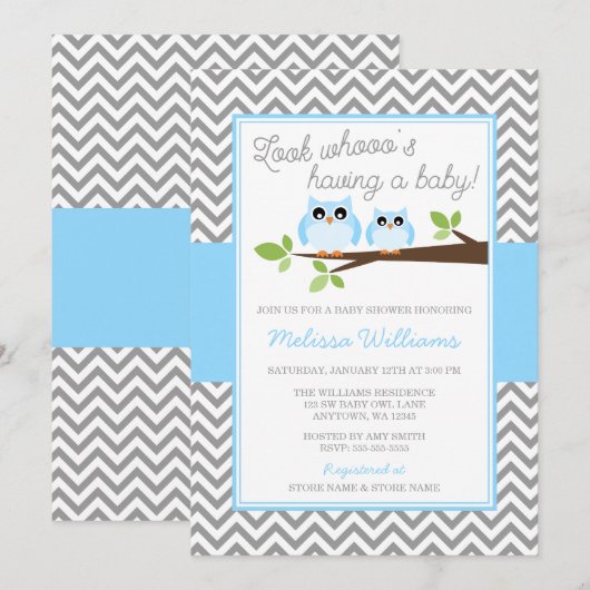 Blue Owl Gray Chevron Boy Baby shower Kaart (Voorkant / Achterkant)