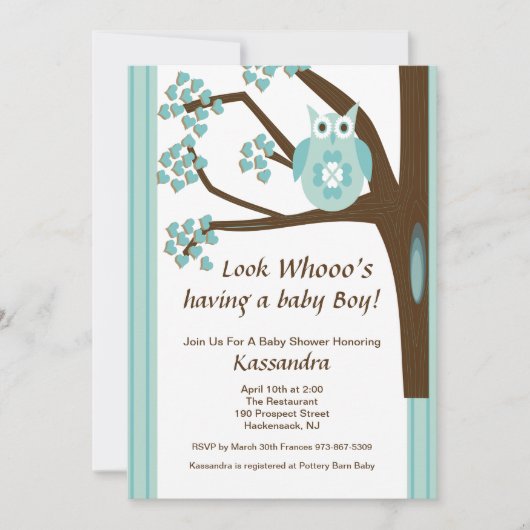 Blue Owl in een Tree Baby Boy Shower Invitation Kaart (Voorkant)