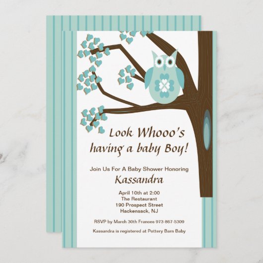 Blue Owl in een Tree Baby Boy Shower Invitation Kaart (Voorkant / Achterkant)