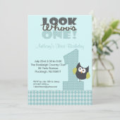 Blue Owl Large Number One 1st Birthday Invitation Kaart (Staand voorkant)