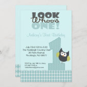 Blue Owl Large Number One 1st Birthday Invitation Kaart (Voorkant / Achterkant)