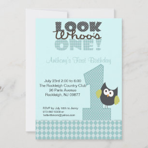 Blue Owl Large Number One 1st Birthday Invitation Kaart