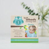 Blue Owl Modern Woodland Birthday Boy Party Kaart (Staand voorkant)