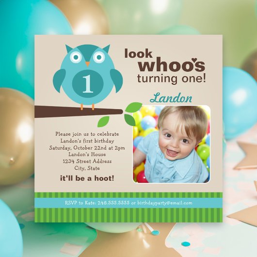 Blue Owl Modern Woodland Birthday Boy Party Kaart