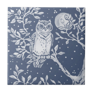 Blue Owl Moon Night Woodland Forest Animal  Tegeltje