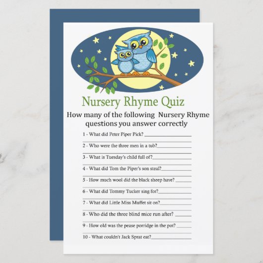 Blue Owl Nursery Rhyme Quiz baby shower game (Voorkant / Achterkant)