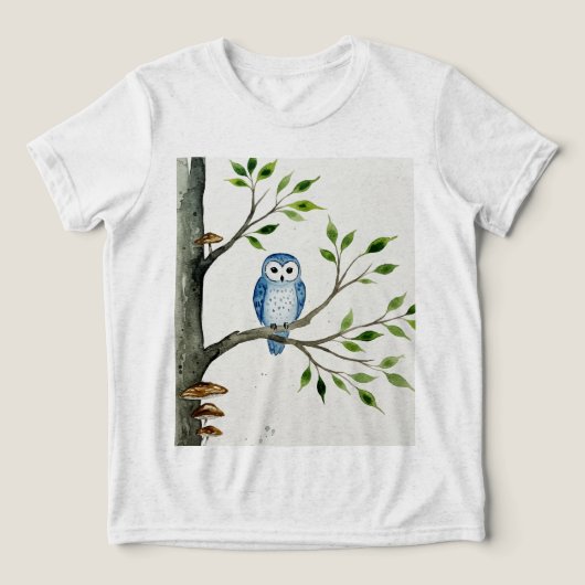 Blue owl on a tree branch Tri-Blend shirt (Design voorkant)