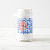 Blue Owl Pattern Coral Monogram Persoonlijke naam Bierpul (Voorkant links)