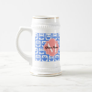 Blue Owl Pattern Coral Monogram Persoonlijke naam Bierpul