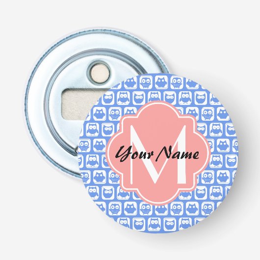 Blue Owl Pattern Coral Monogram Persoonlijke naam Button Flesopener (Voorkant)