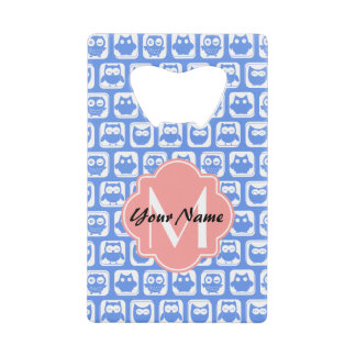 Blue Owl Pattern Coral Monogram Persoonlijke naam Creditkaart Flessenopener