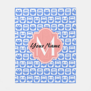 Blue Owl Pattern Coral Monogram Persoonlijke naam Fleece Deken