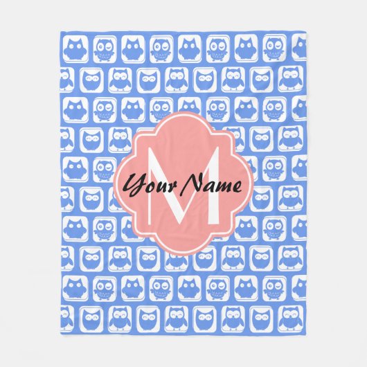 Blue Owl Pattern Coral Monogram Persoonlijke naam Fleece Deken (Voorkant)