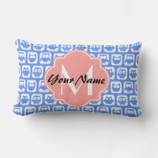 Blue Owl Pattern Coral Monogram Persoonlijke naam Kussen