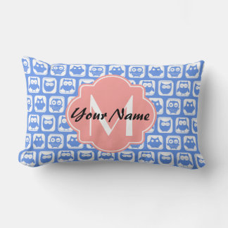 Blue Owl Pattern Coral Monogram Persoonlijke naam Kussen