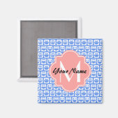 Blue Owl Pattern Coral Monogram Persoonlijke naam Magneet (Voorkant / Achterkant)