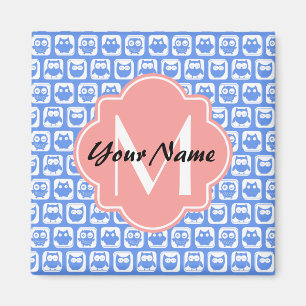 Blue Owl Pattern Coral Monogram Persoonlijke naam Magneet