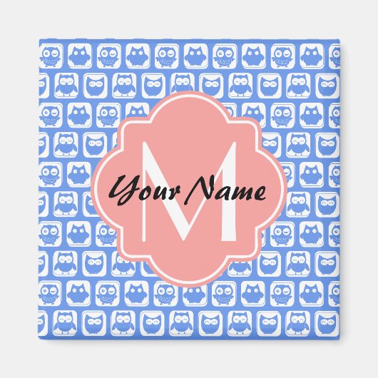 Blue Owl Pattern Coral Monogram Persoonlijke naam Magneet (Voorkant)