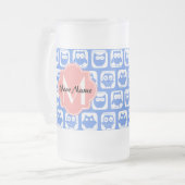 Blue Owl Pattern Coral Monogram Persoonlijke naam Matglas Bierpul (Voorkant links)