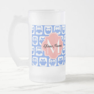 Blue Owl Pattern Coral Monogram Persoonlijke naam Matglas Bierpul