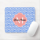 Blue Owl Pattern Coral Monogram Persoonlijke naam Muismat (Met muis)