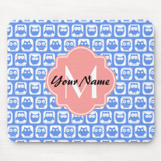 Blue Owl Pattern Coral Monogram Persoonlijke naam Muismat
