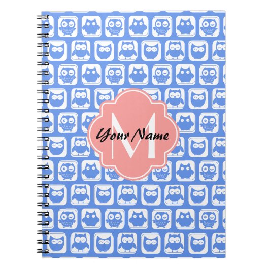 Blue Owl Pattern Coral Monogram Persoonlijke naam Notitieboek (Voorkant)