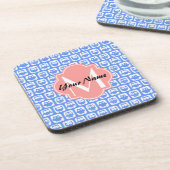 Blue Owl Pattern Coral Monogram Persoonlijke naam Onderzetter (Linkerzijde)