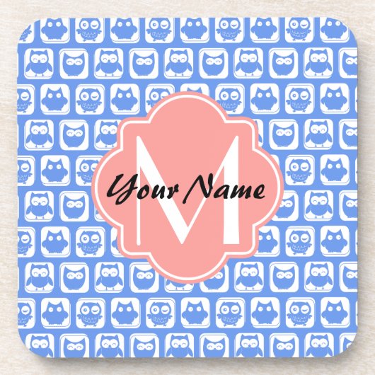 Blue Owl Pattern Coral Monogram Persoonlijke naam Onderzetter (Voorkant)