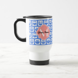 Blue Owl Pattern Coral Monogram Persoonlijke naam Reisbeker