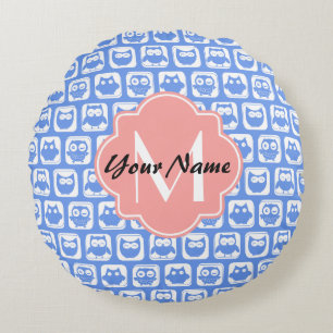 Blue Owl Pattern Coral Monogram Persoonlijke naam Rond Kussen