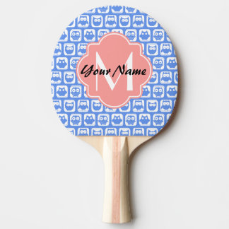 Blue Owl Pattern Coral Monogram Persoonlijke naam Tafeltennisbatje