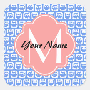 Blue Owl Pattern Coral Monogram Persoonlijke naam Vierkante Sticker