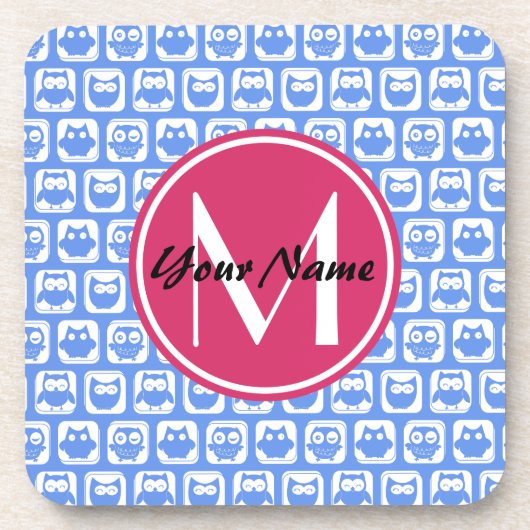 Blue Owl Pattern roze Aangepast monogram aangepast Bier Onderzetter (Voorkant)