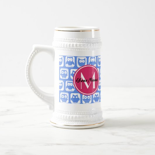Blue Owl Pattern roze Aangepast monogram aangepast Bierpul (Links)