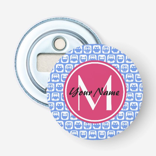Blue Owl Pattern roze Aangepast monogram aangepast Button Flesopener (Voorkant)