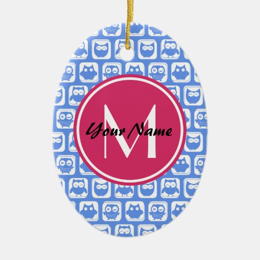 Blue Owl Pattern roze Aangepast monogram aangepast Keramisch Ornament (Voorkant)