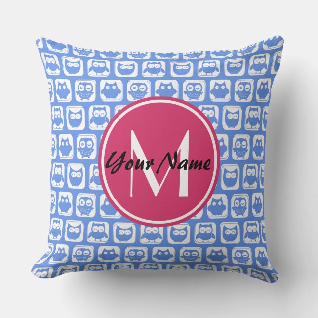Blue Owl Pattern roze Aangepast monogram aangepast Kussen (Voorkant)