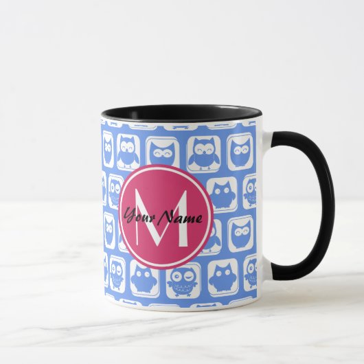 Blue Owl Pattern roze Aangepast monogram aangepast Mok (Rechts)