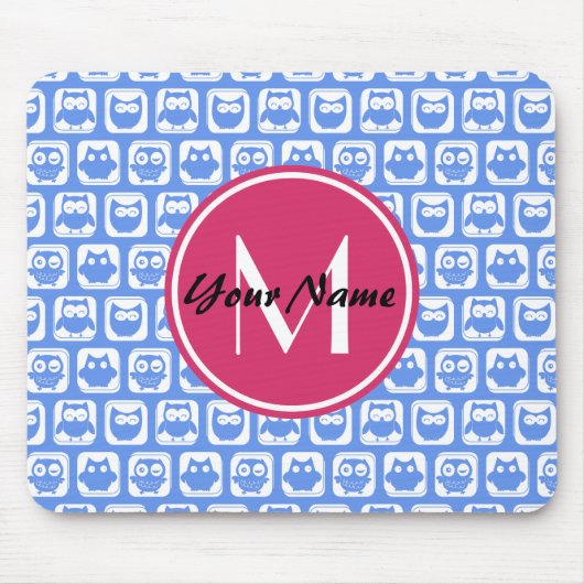 Blue Owl Pattern roze Aangepast monogram aangepast Muismat (Voorkant)