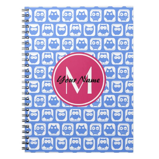 Blue Owl Pattern roze Aangepast monogram aangepast Notitieboek (Voorkant)